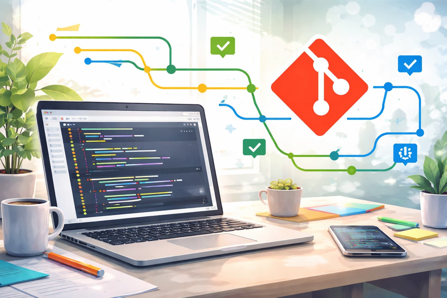 一人開発におけるGitの基本構造と実践的な運用フローをイメージしたビジュアル