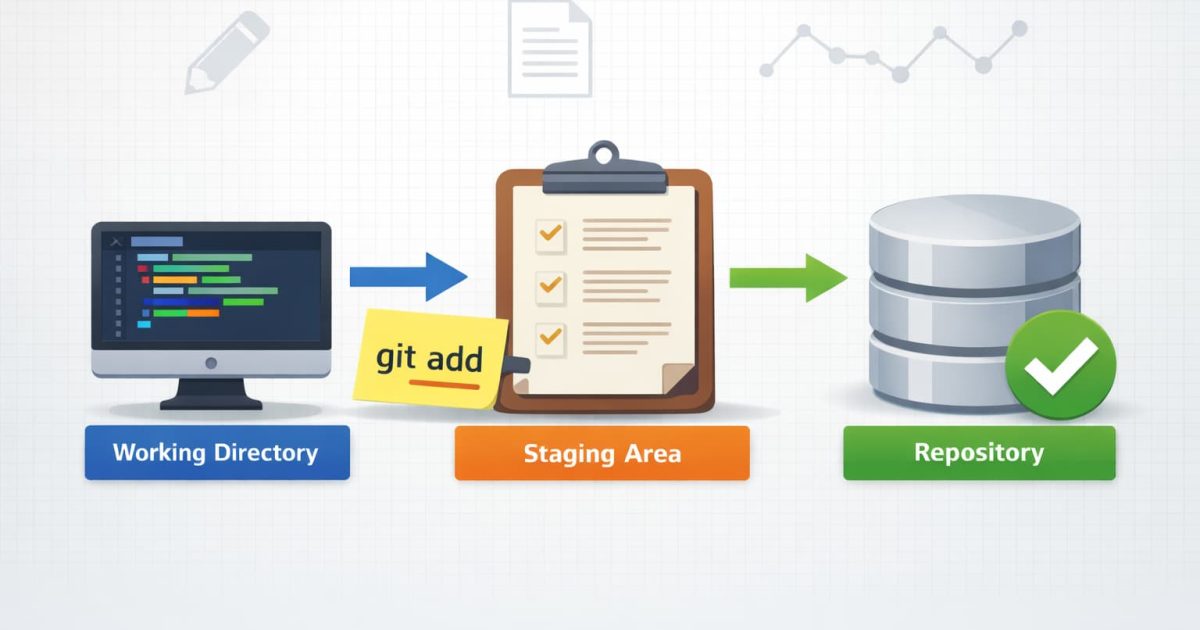 Gitの作業ディレクトリからステージングエリア、リポジトリへと変更が整理されていく流れを表したイメージ