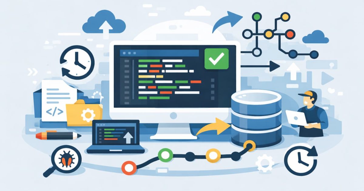 Gitのバージョン管理の仕組みをイメージしたイラスト。変更履歴を管理する基本概念を表現している。