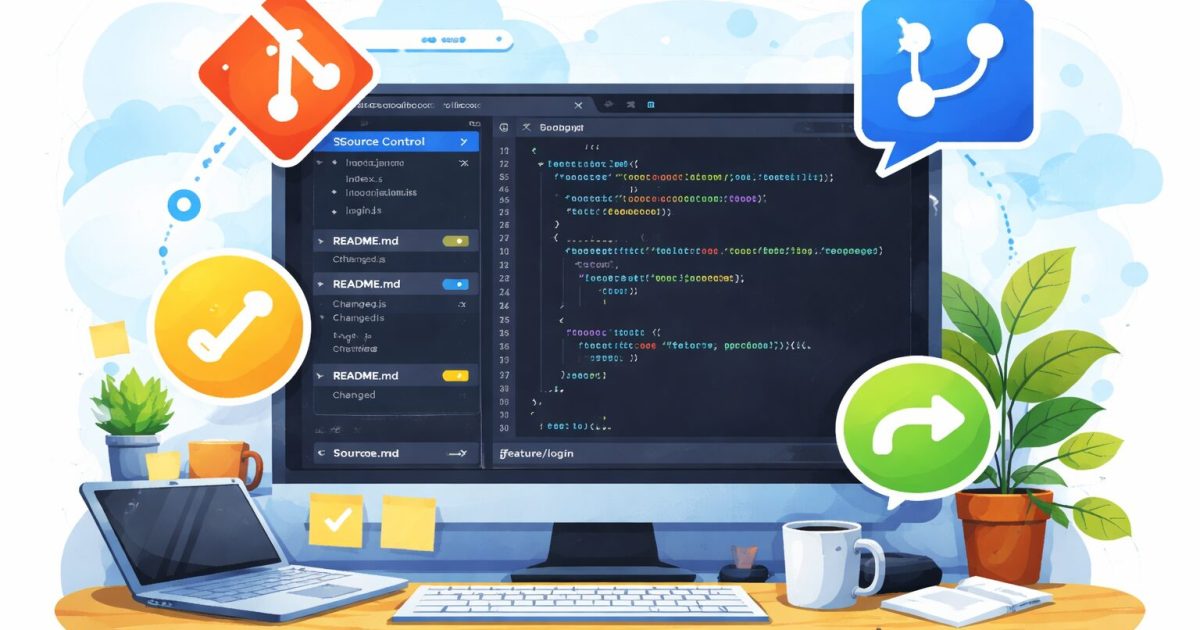Visual Studio Codeのソース管理画面を中心に、Gitのコミットやブランチ操作をイメージした開発環境のビジュアル
