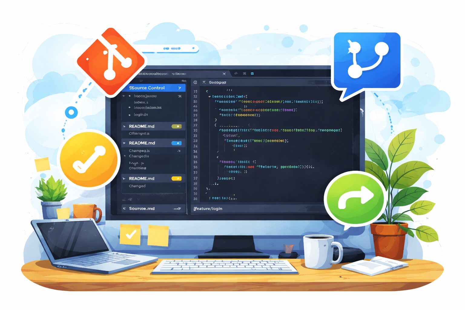 Visual Studio Codeのソース管理画面を中心に、Gitのコミットやブランチ操作をイメージした開発環境のビジュアル