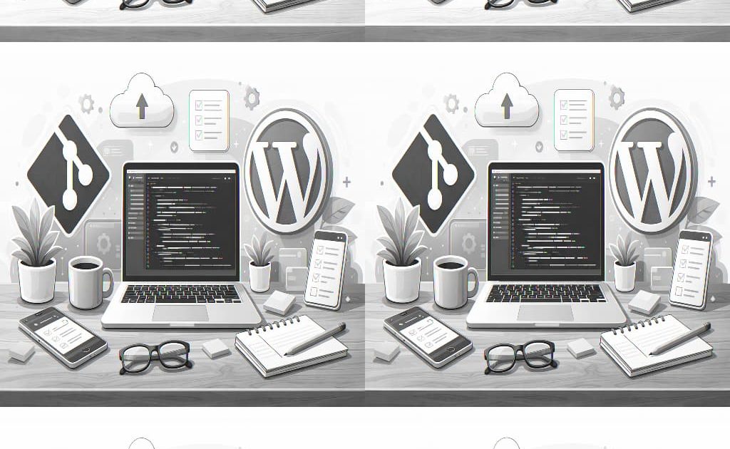 WordPress制作におけるGitの基礎と実践的な使い方をイメージした、開発環境とコード管理を連想させるビジュアル