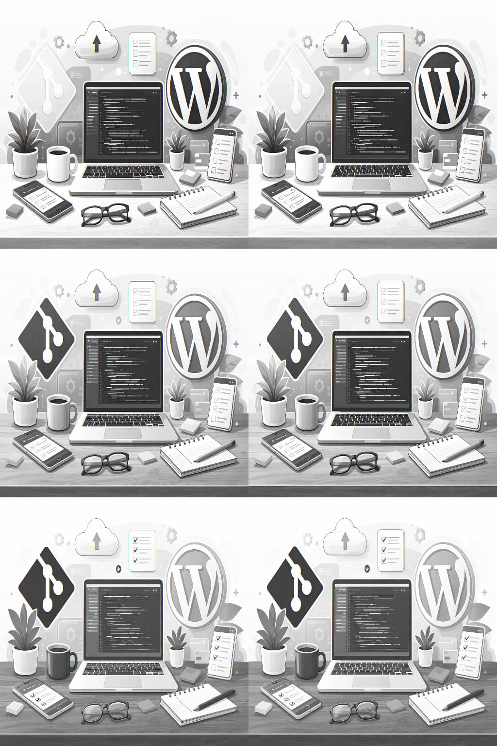 WordPress制作におけるGitの基礎と実践的な使い方をイメージした、開発環境とコード管理を連想させるビジュアル