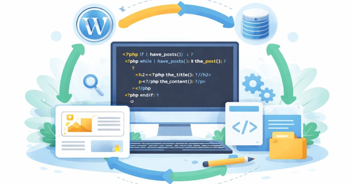 WordPressのループ（The Loop）の基本的な仕組みを示したテーマ開発向けのイメージ