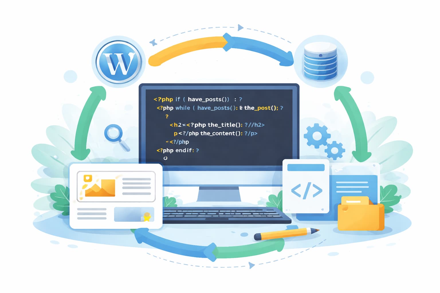 WordPressのループ（The Loop）の基本的な仕組みを示したテーマ開発向けのイメージ