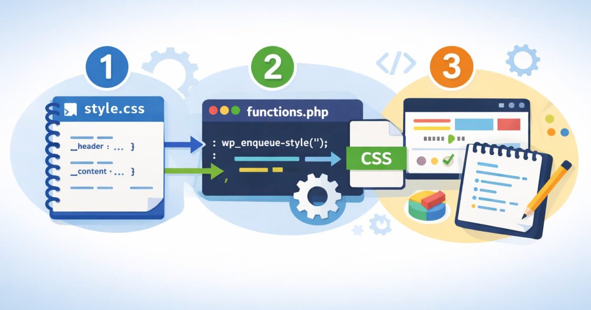 WordPressテーマでCSSを適用する方法をイメージしたフラットデザインのビジュアル
