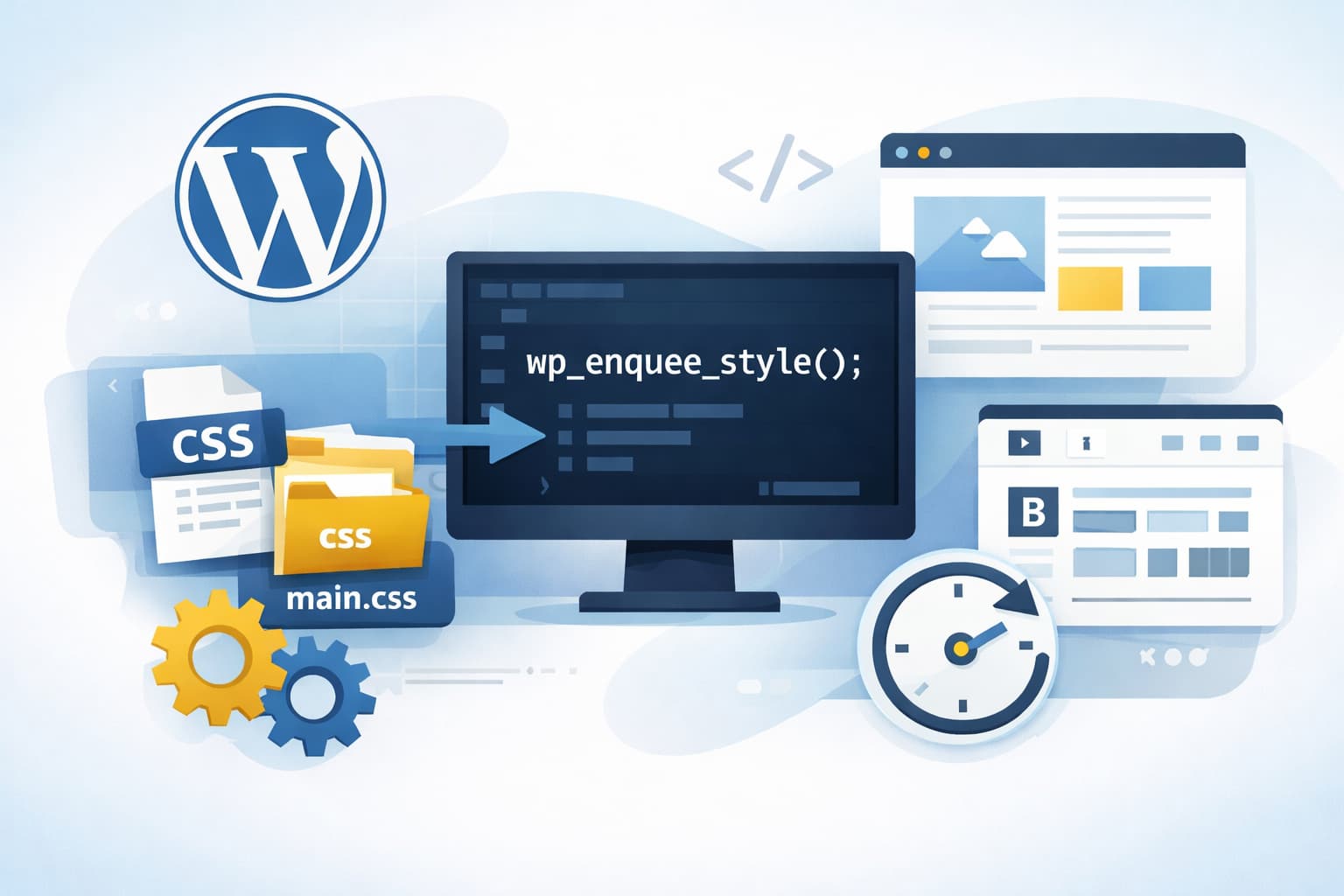WordPressテーマでCSSを正しく読み込む仕組みをイメージしたビジュアル。wp_enqueue_styleによるCSS管理とテーマ構造を表現