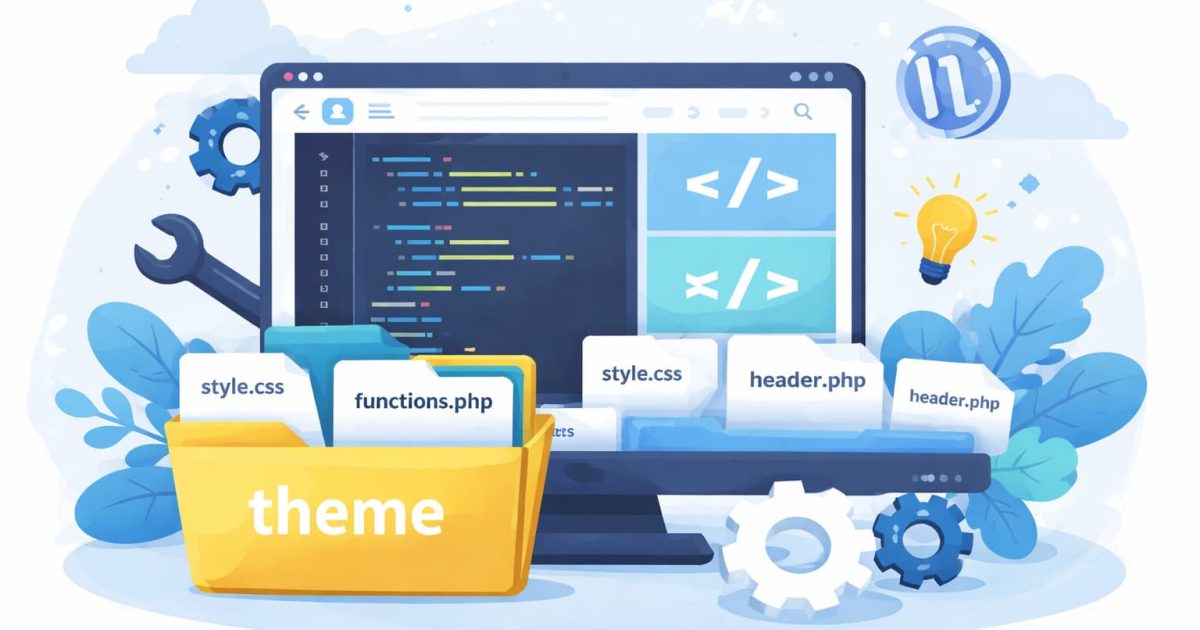 WordPressテーマ開発の基礎を学ぶためのイメージ。テーマファイル構成や開発の流れを表現している。