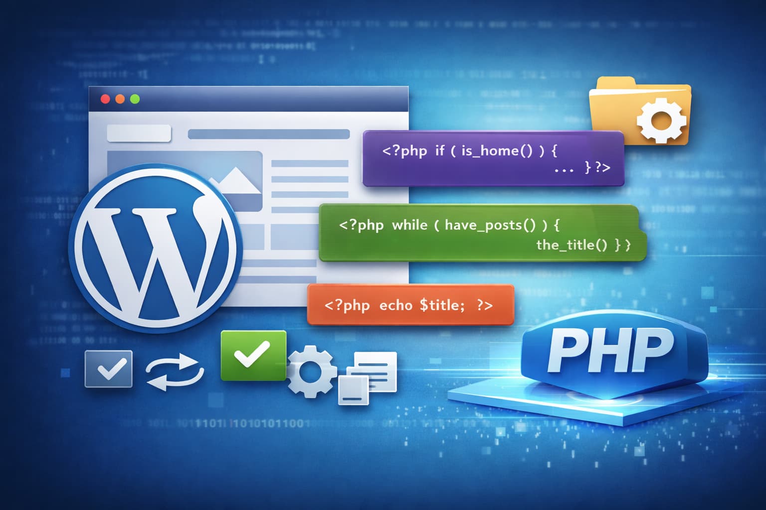 WordPressテーマ開発で使うPHPの基本構文を解説するイメージ