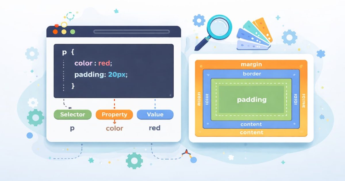 CSSの基本構造とボックスモデルの関係を視覚的に表現したWebデザインイメージ