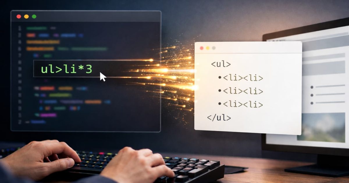 コードエディタでHTMLを高速生成する様子をイメージしたビジュアル
