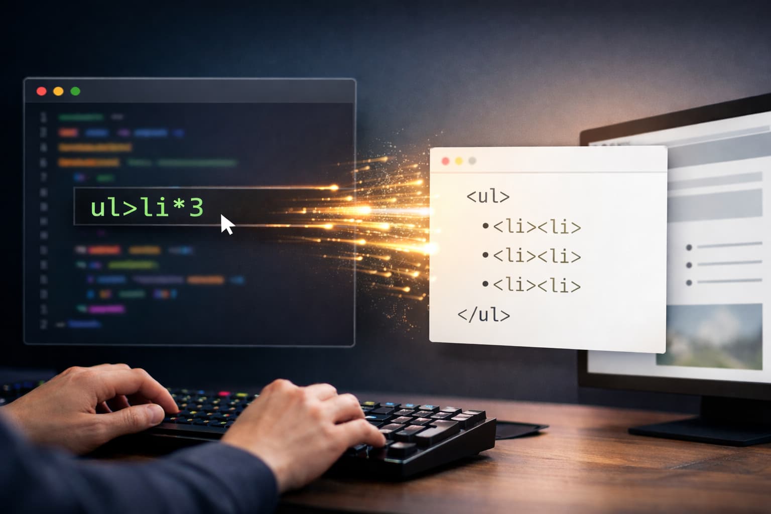 コードエディタでHTMLを高速生成する様子をイメージしたビジュアル