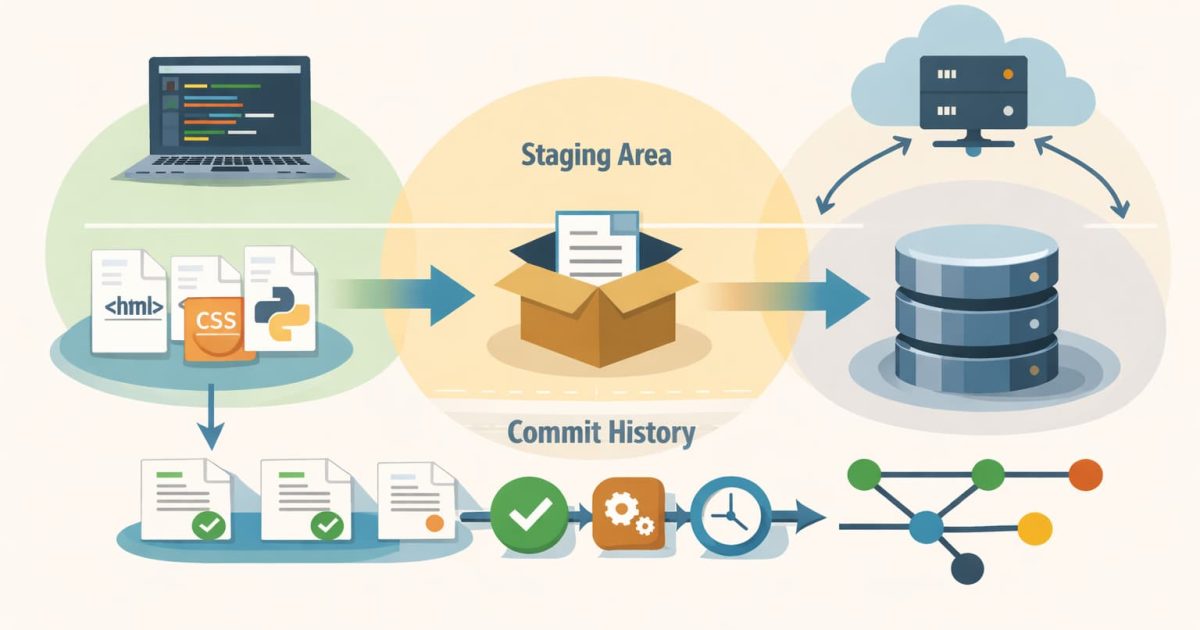 Gitの基本構造と変更履歴の流れを表したイメージ