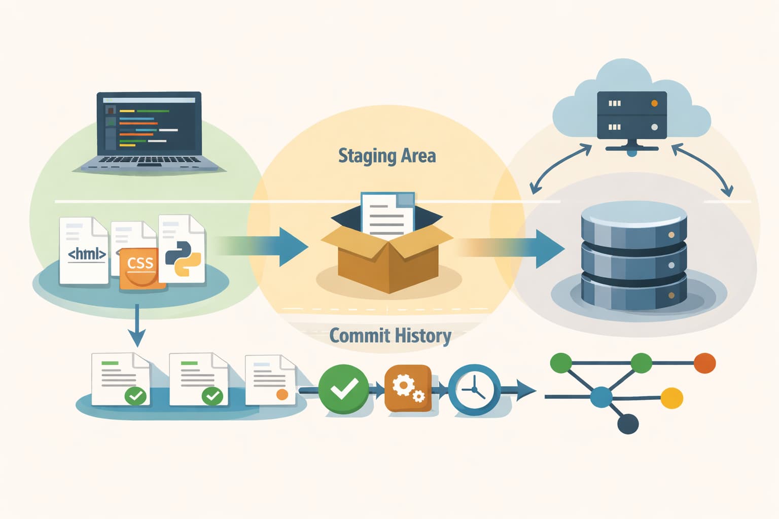 Gitの基本構造と変更履歴の流れを表したイメージ