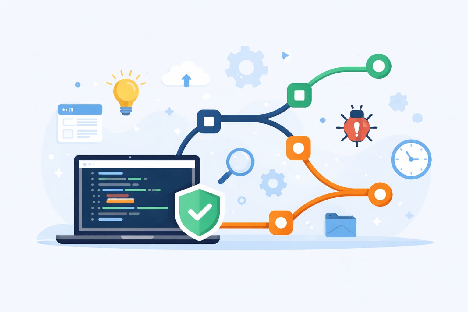 Gitのブランチを使って作業を分け、安全に開発を進めるイメージ