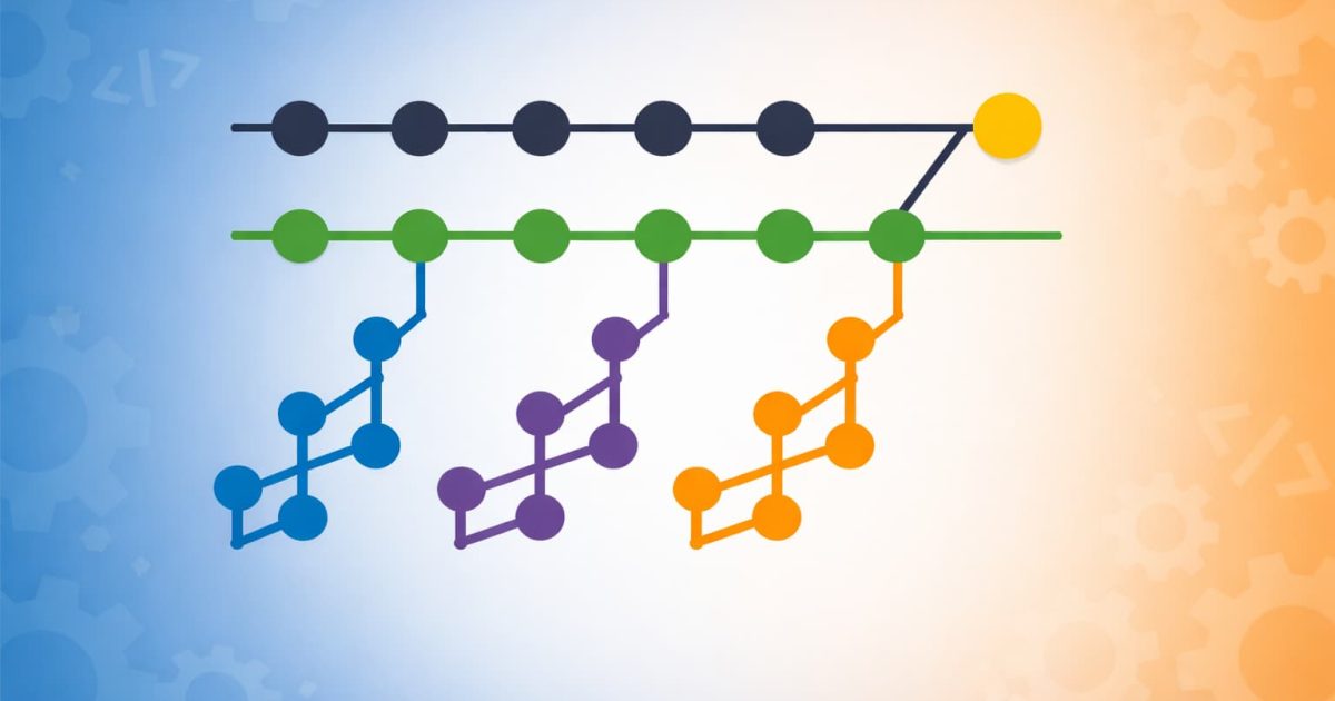 Gitのブランチが分岐・統合される様子を抽象的に表現したビジュアル