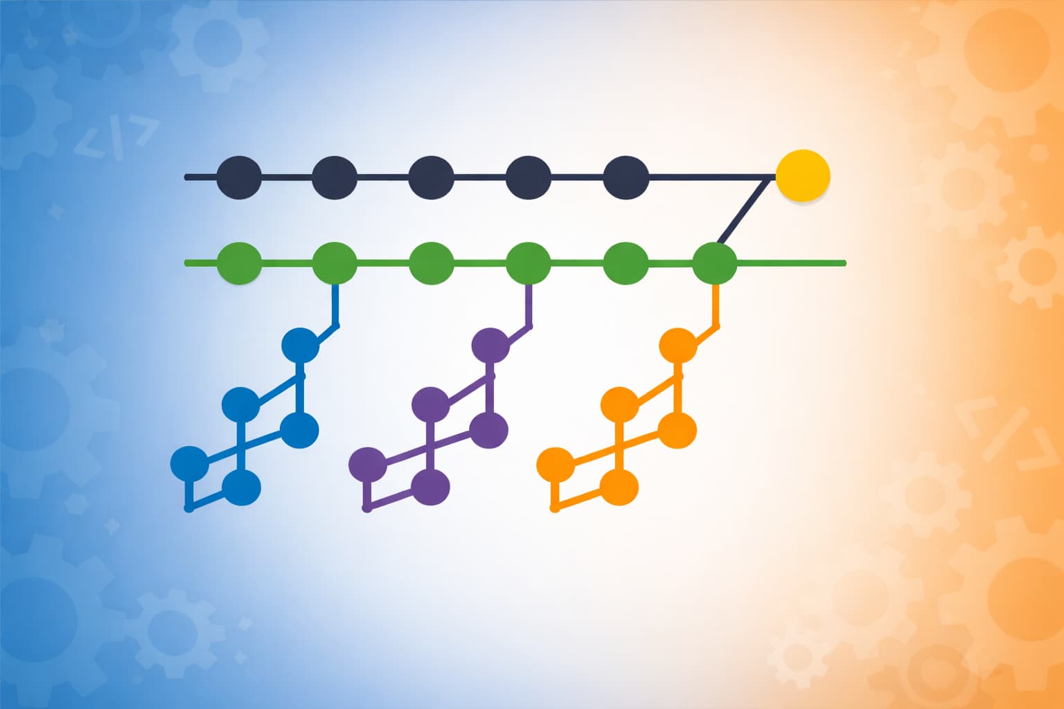 Gitのブランチが分岐・統合される様子を抽象的に表現したビジュアル