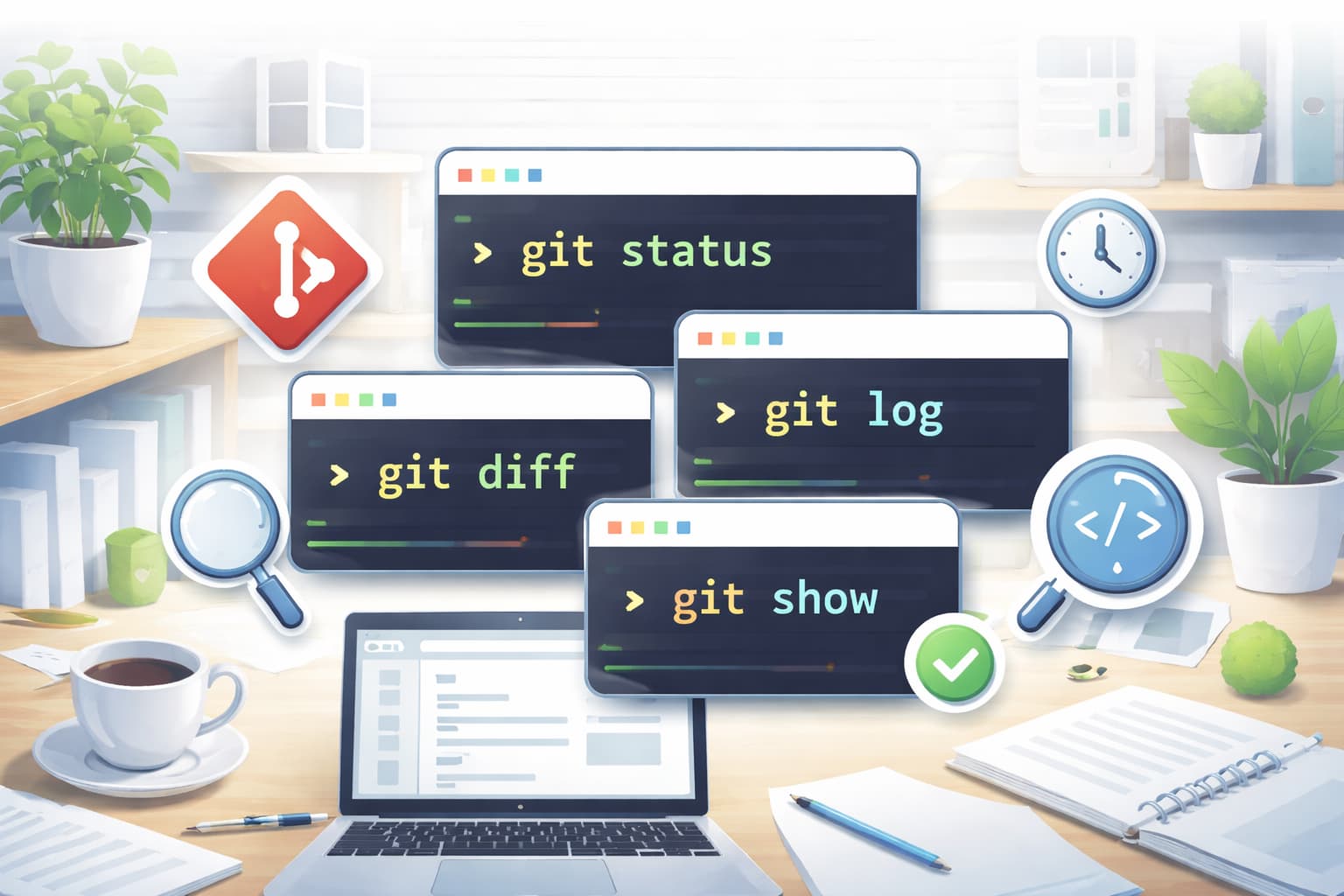 Gitで変更状態を確認するための基本操作を表したイメージ