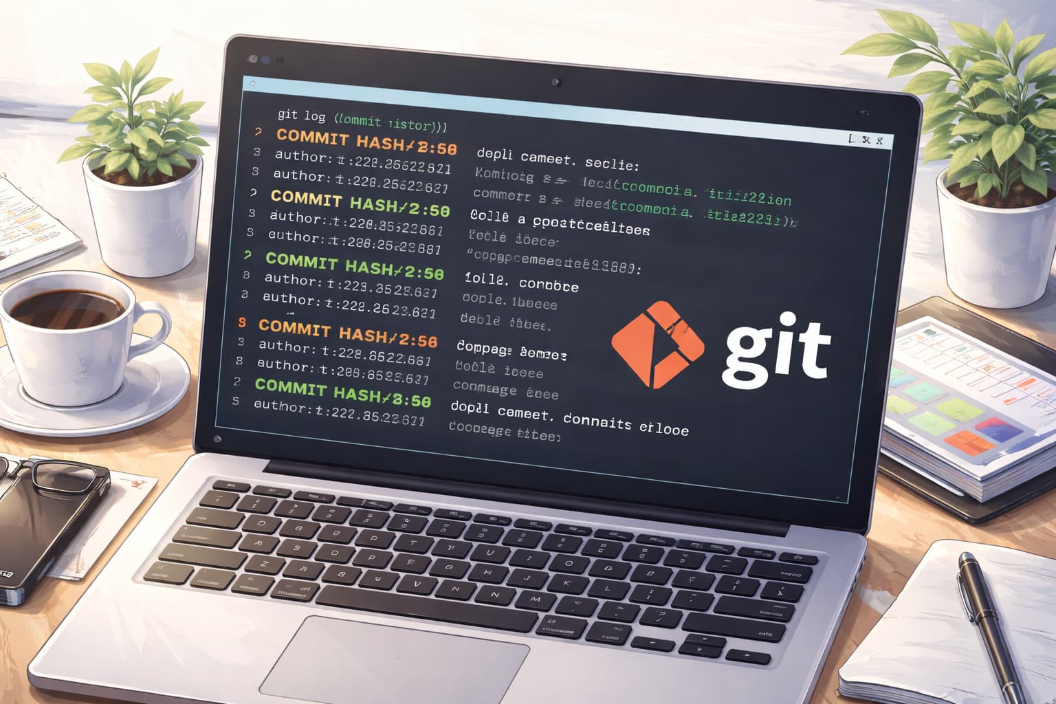 Gitのコミット履歴を確認している開発環境のイメージ｜ターミナルに表示された履歴ログ画面