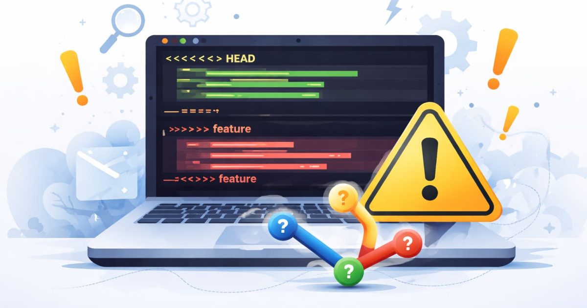 Gitのブランチが分岐して衝突しているイメージとノートパソコンのコード画面