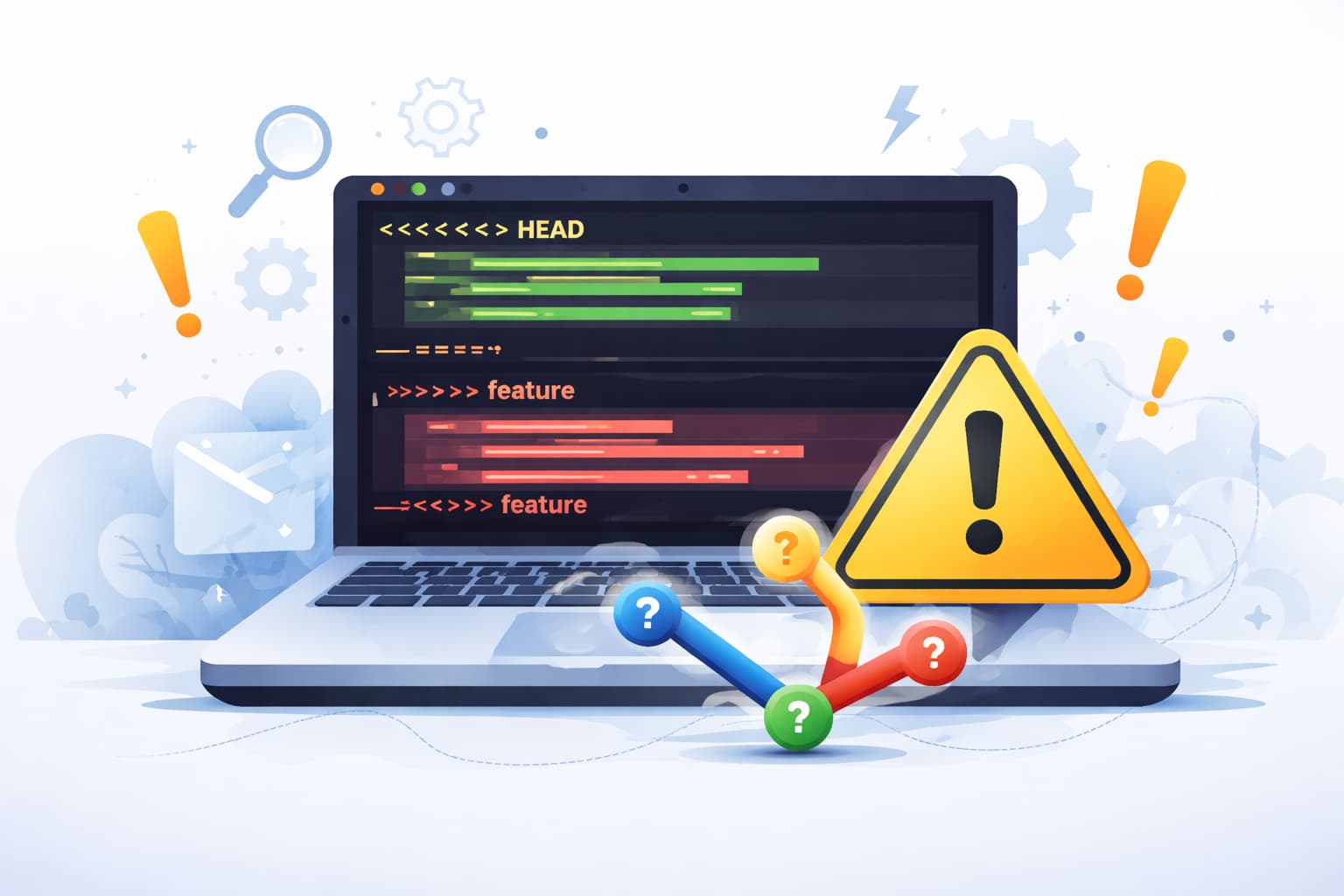 Gitのブランチが分岐して衝突しているイメージとノートパソコンのコード画面