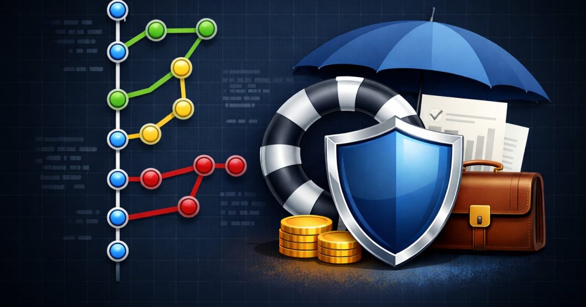 Gitのブランチ構造とセーフティシールドが並び、開発を守る仕組みを象徴するビジュアル