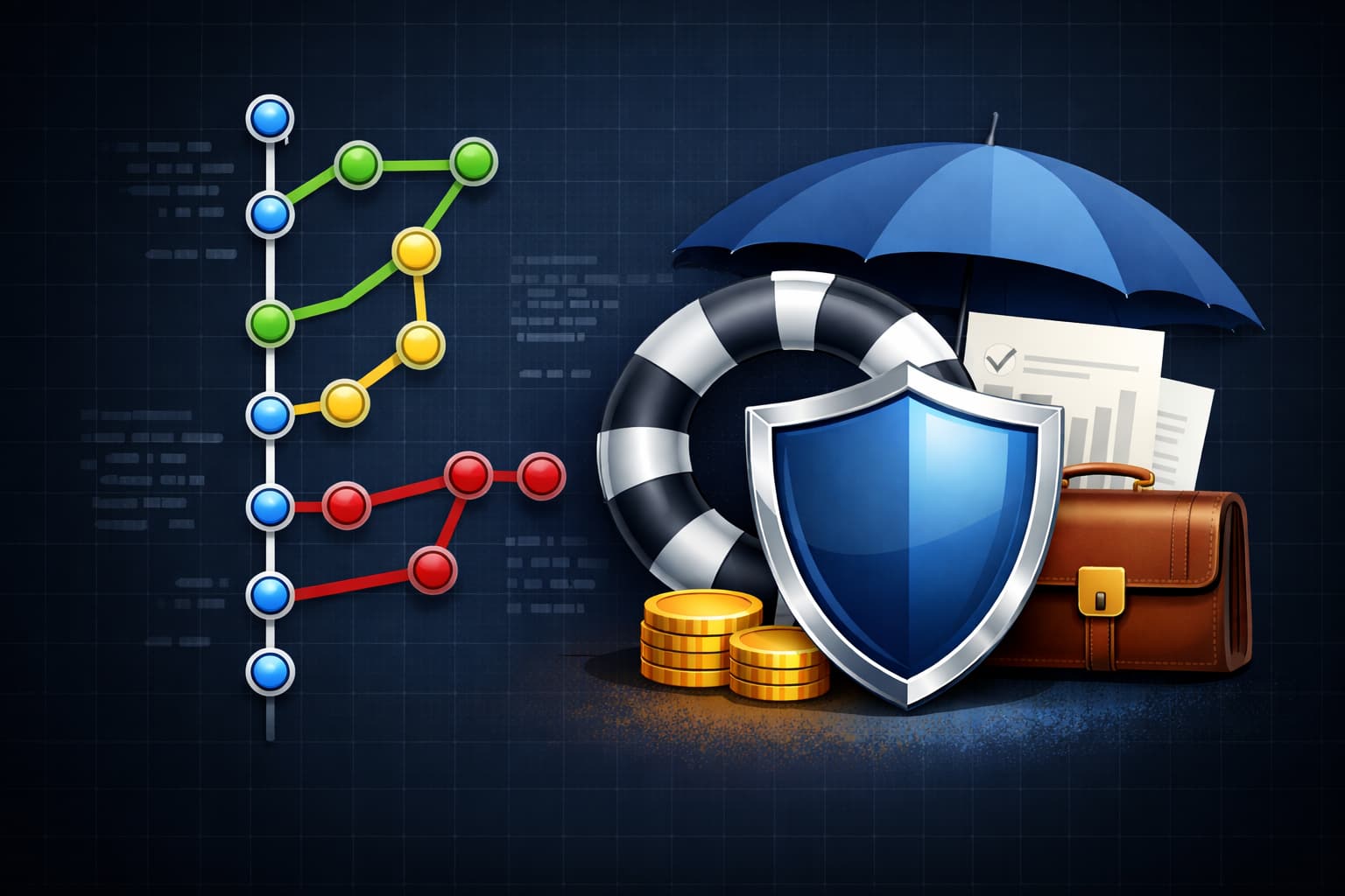 Gitのブランチ構造とセーフティシールドが並び、開発を守る仕組みを象徴するビジュアル