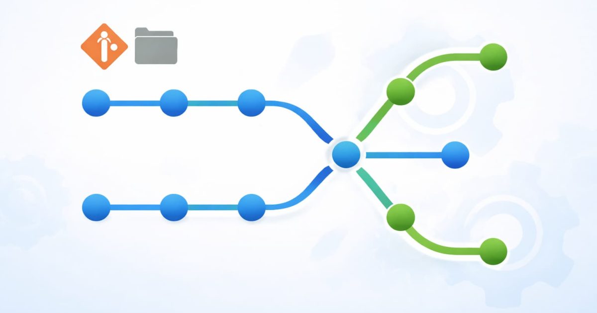 Gitで分岐したブランチの履歴がマージによって統合される概念イメージ