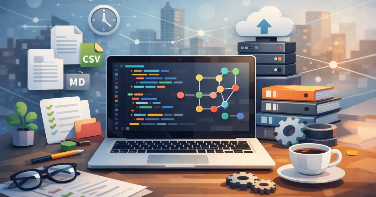 Web制作と会社業務におけるGit活用を象徴する、ノートパソコンに表示されたコード画面と履歴管理のイメージ