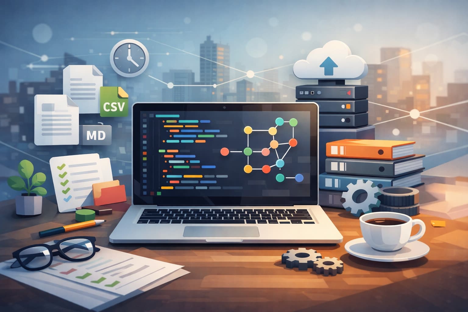 Web制作と会社業務におけるGit活用を象徴する、ノートパソコンに表示されたコード画面と履歴管理のイメージ