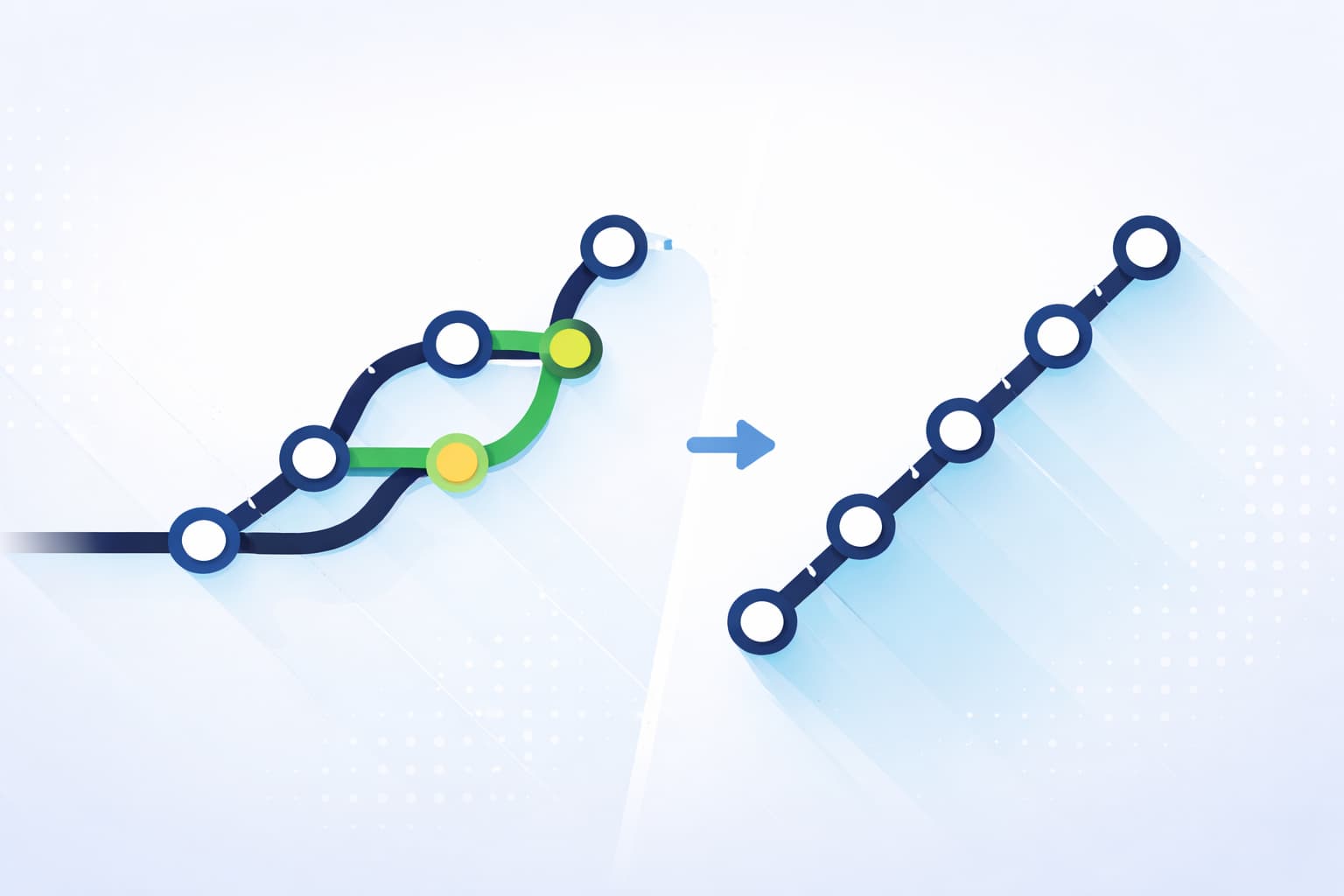 Gitのrebaseとmergeの履歴構造の違いを表現したブランチ統合イメージ