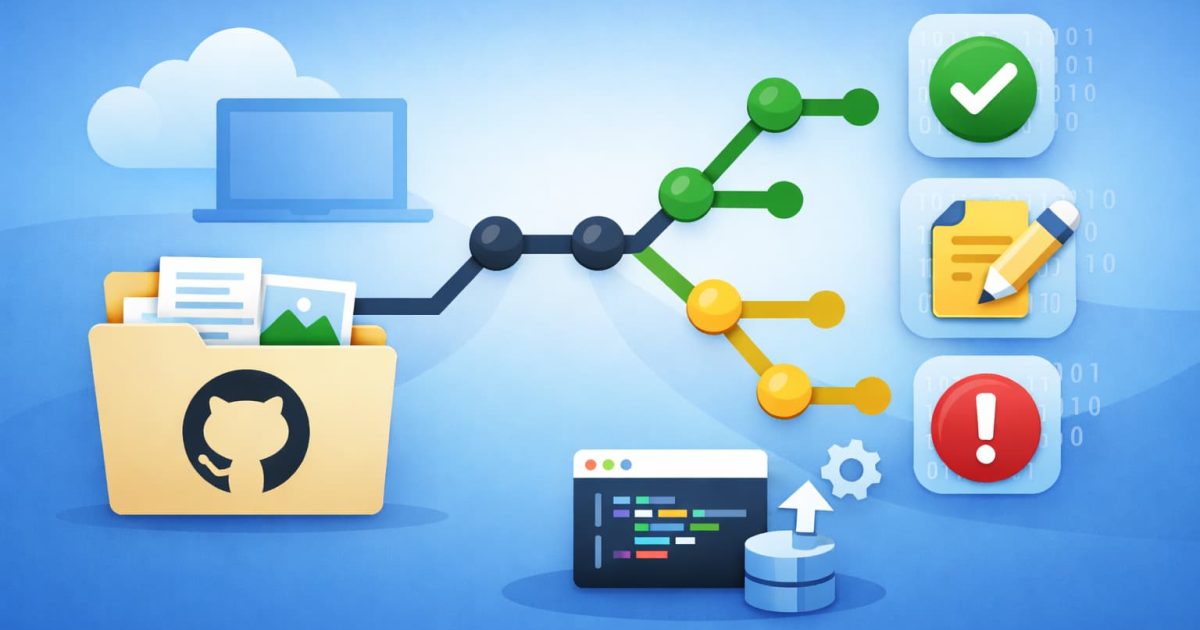 GitHubでのリポジトリ管理とブランチ・コミットの流れを表したイメージ