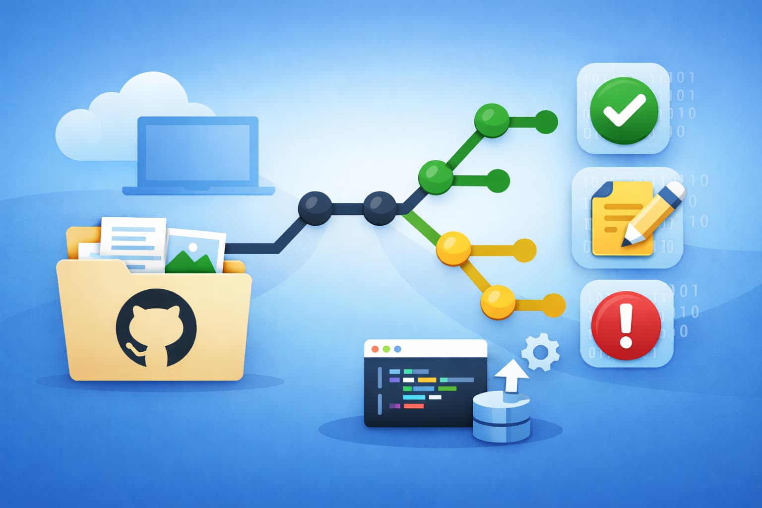GitHubでのリポジトリ管理とブランチ・コミットの流れを表したイメージ