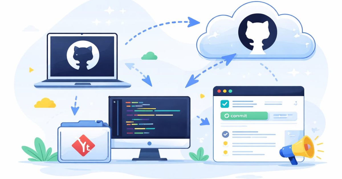 GitHubでリポジトリを作成し、公開までの基本操作を表したイメージ