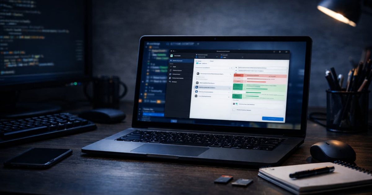 ノートパソコンに表示されたGitHub Desktopの操作画面と開発環境のデスク風景