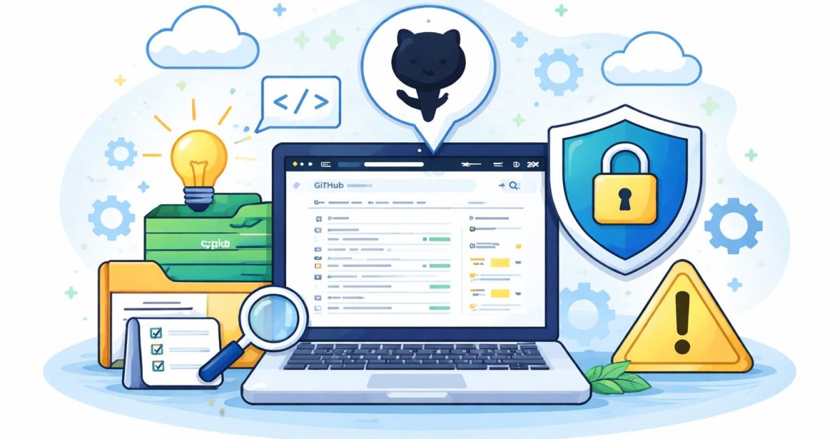 GitHubでリポジトリを公開するメリットと注意点を表現したコード管理と公開判断のイメージ