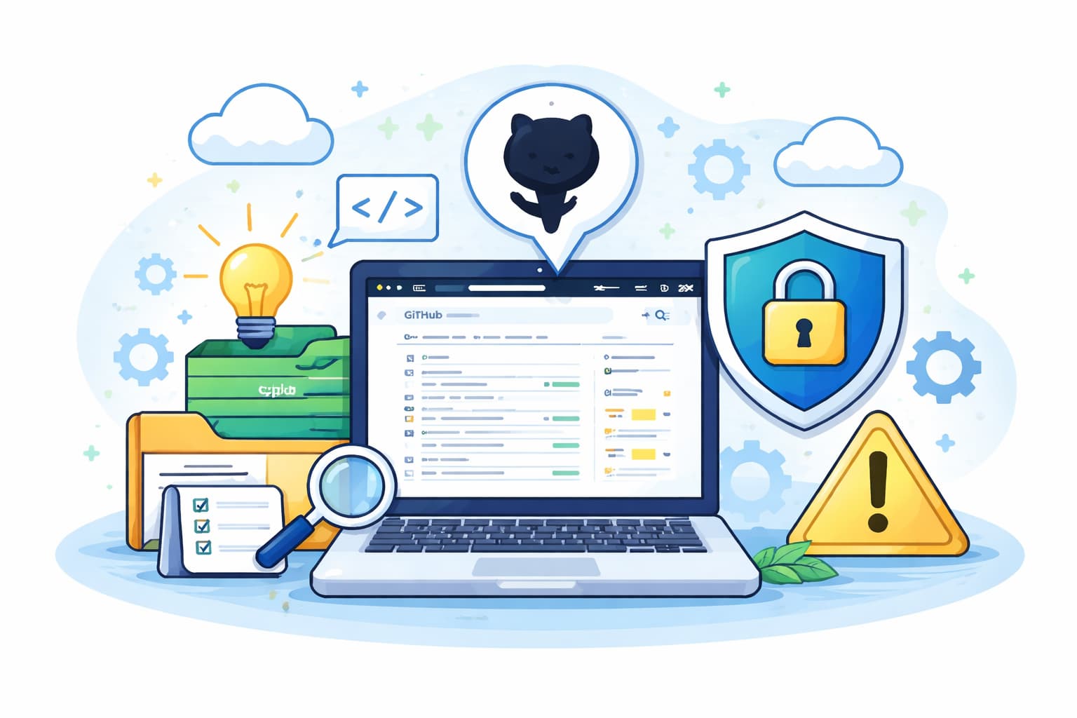 GitHubでリポジトリを公開するメリットと注意点を表現したコード管理と公開判断のイメージ