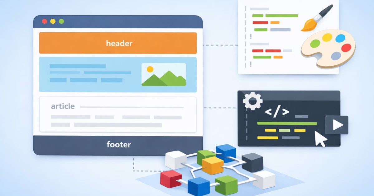 HTMLの構造設計をイメージしたWebページレイアウトとDOM概念のビジュアル
