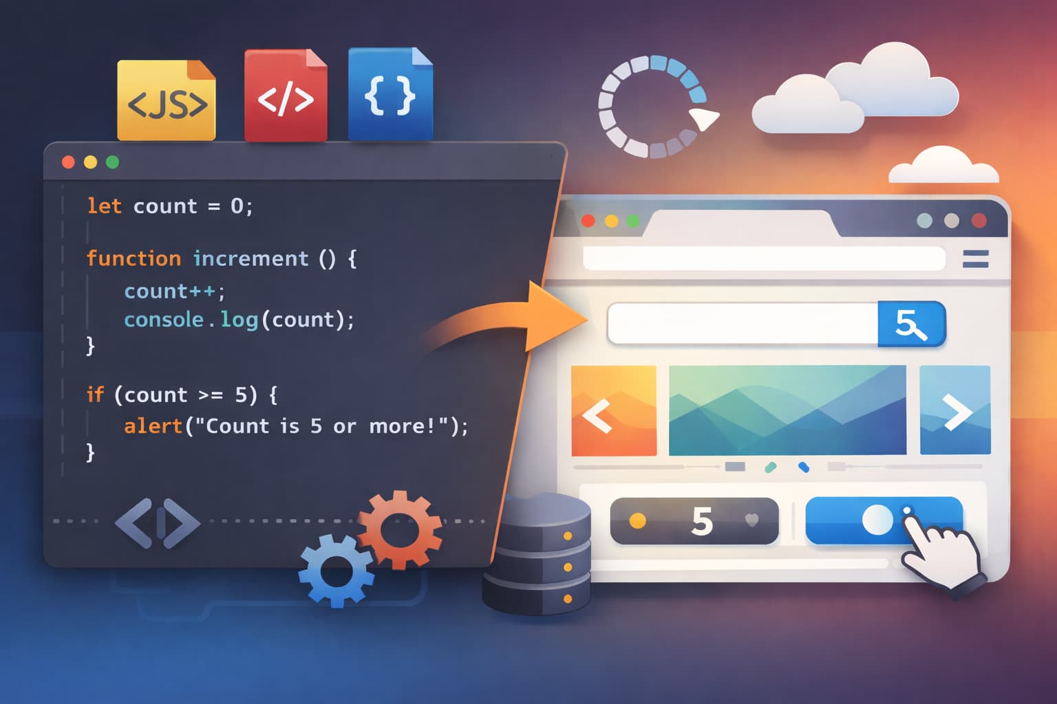 JavaScriptによってWebページのボタンや表示内容が動的に変化する様子を表したイメージ