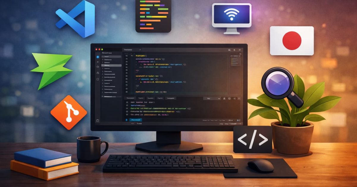 VS Codeを表示したモニターとキーボードが並ぶデスク環境のイメージ