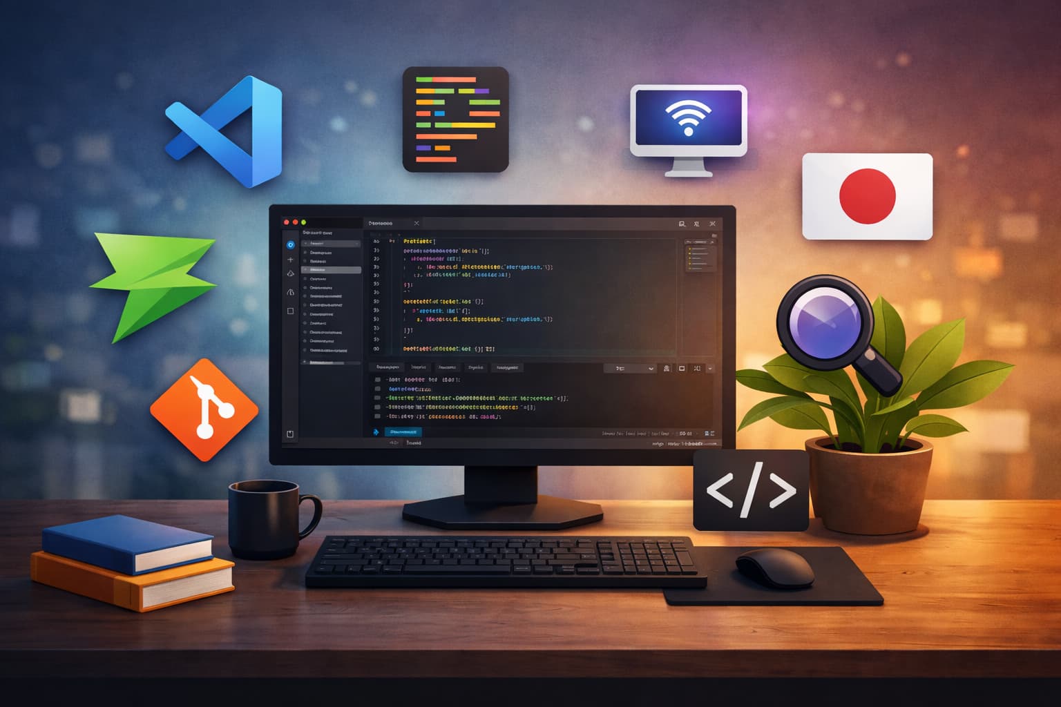 VS Codeを表示したモニターとキーボードが並ぶデスク環境のイメージ