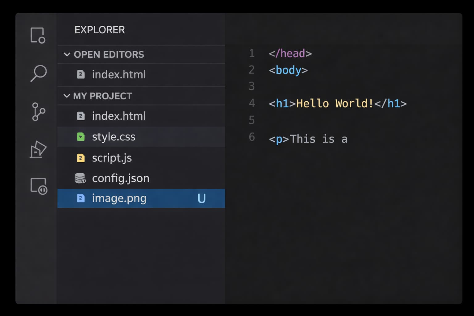 VS CodeでGitの未追跡ファイルを示す「U」表示が確認できるエクスプローラー画面