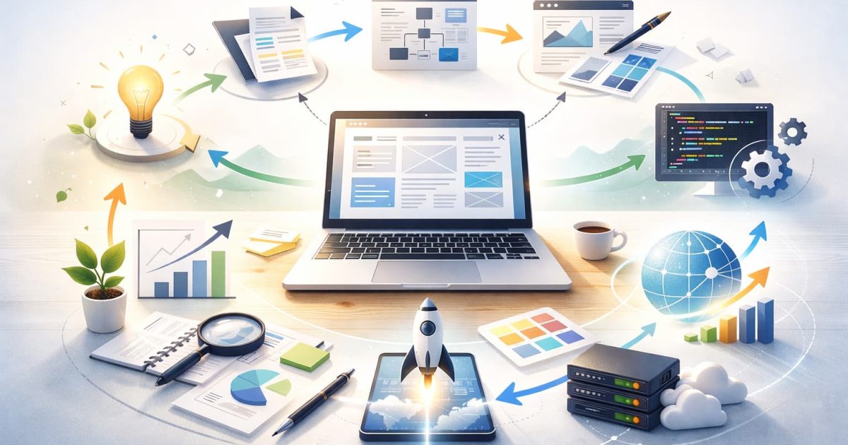 Web制作の工程全体をイメージしたノートPCとワークフロー図のビジュアル