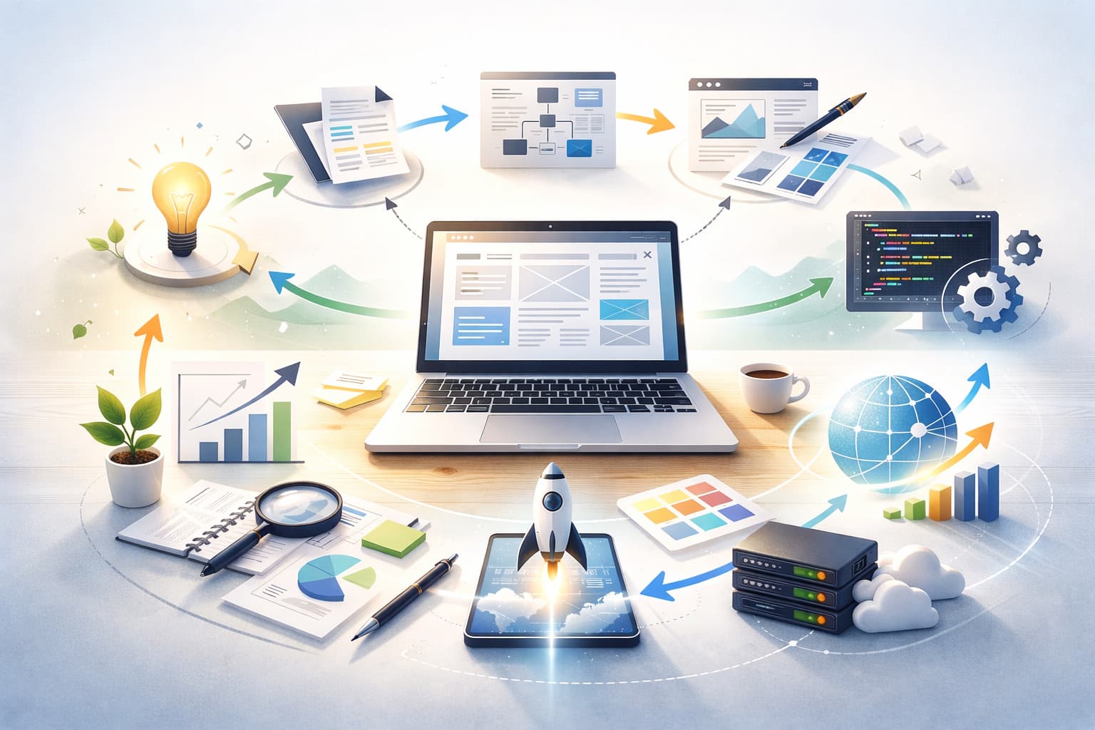 Web制作の工程全体をイメージしたノートPCとワークフロー図のビジュアル