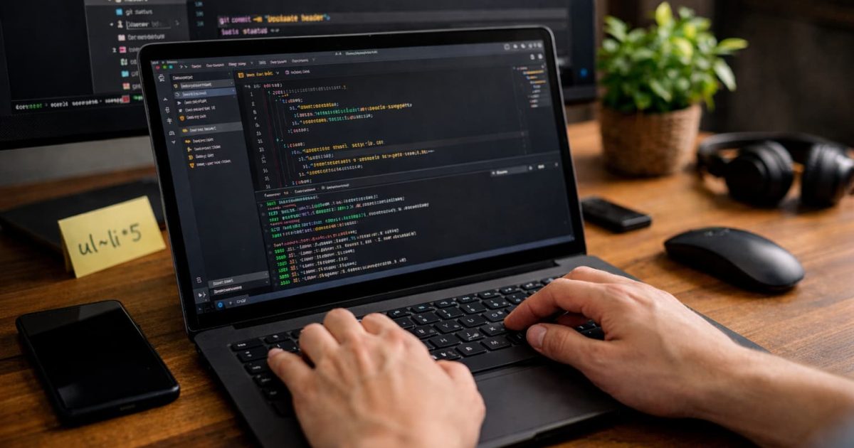 ノートパソコンでコードを編集しながらキーボード操作を行うWeb制作作業のイメージ