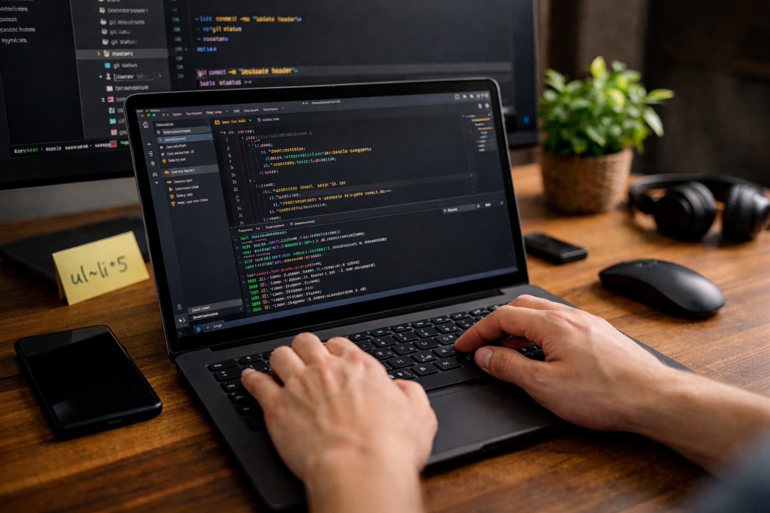 ノートパソコンでコードを編集しながらキーボード操作を行うWeb制作作業のイメージ