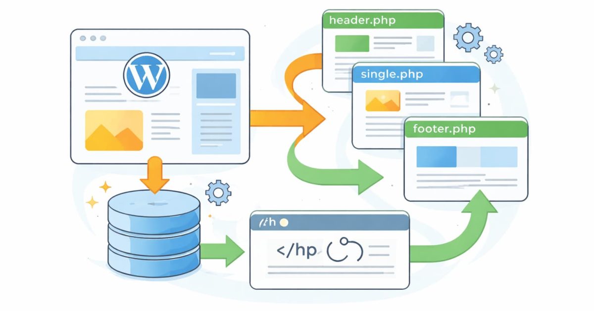 WordPressのテンプレート階層とデータベース連携の仕組みを示した概念イラスト