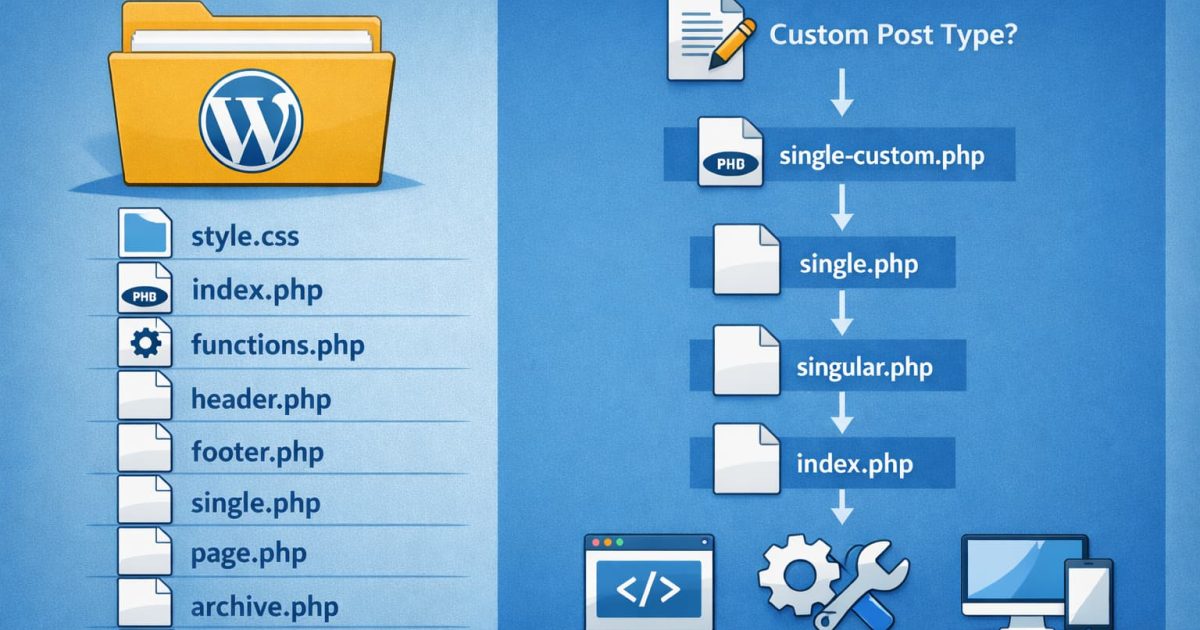 WordPressテーマのフォルダ構成とテンプレートファイルの関係を表現した構造イメージ