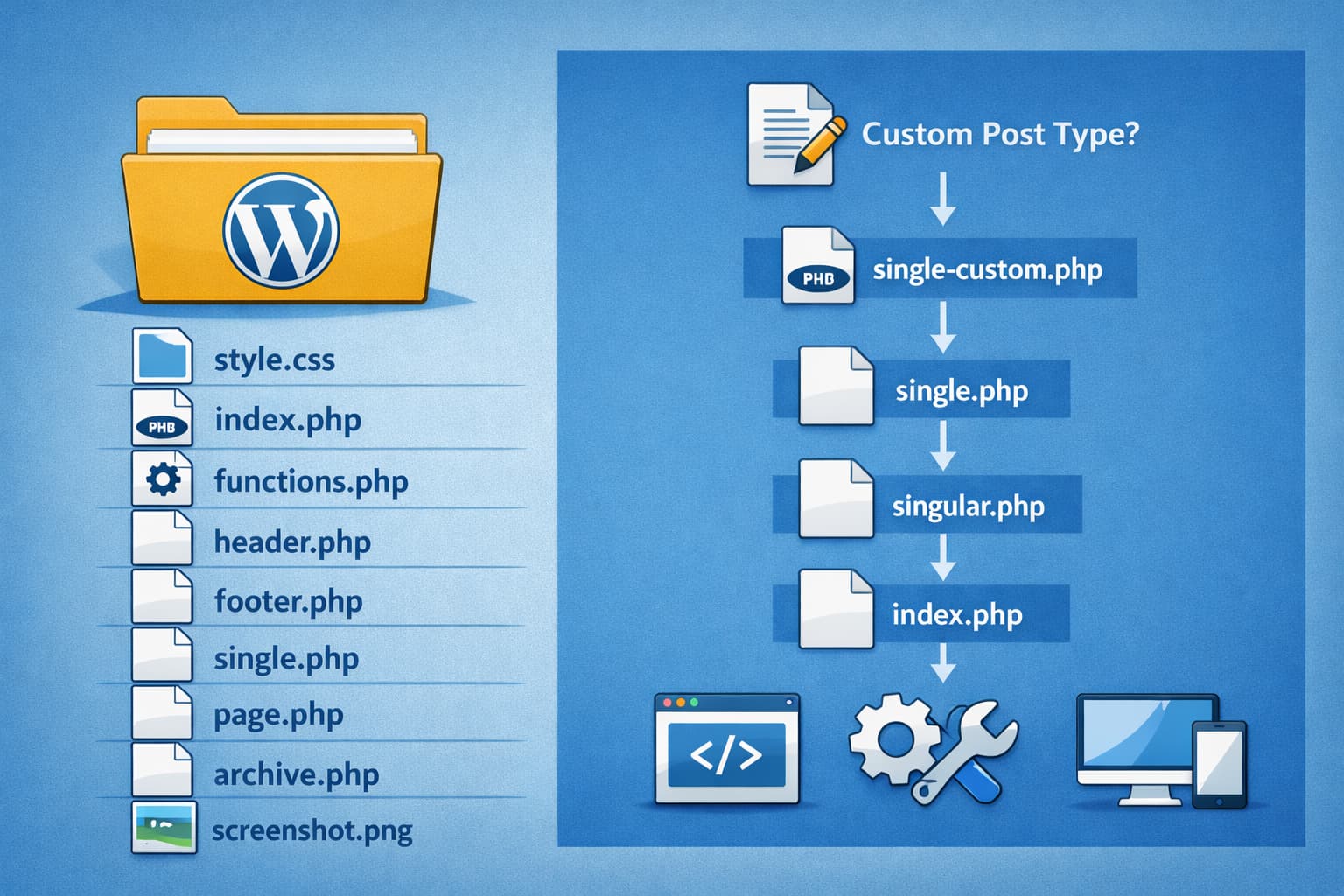 WordPressテーマのフォルダ構成とテンプレートファイルの関係を表現した構造イメージ