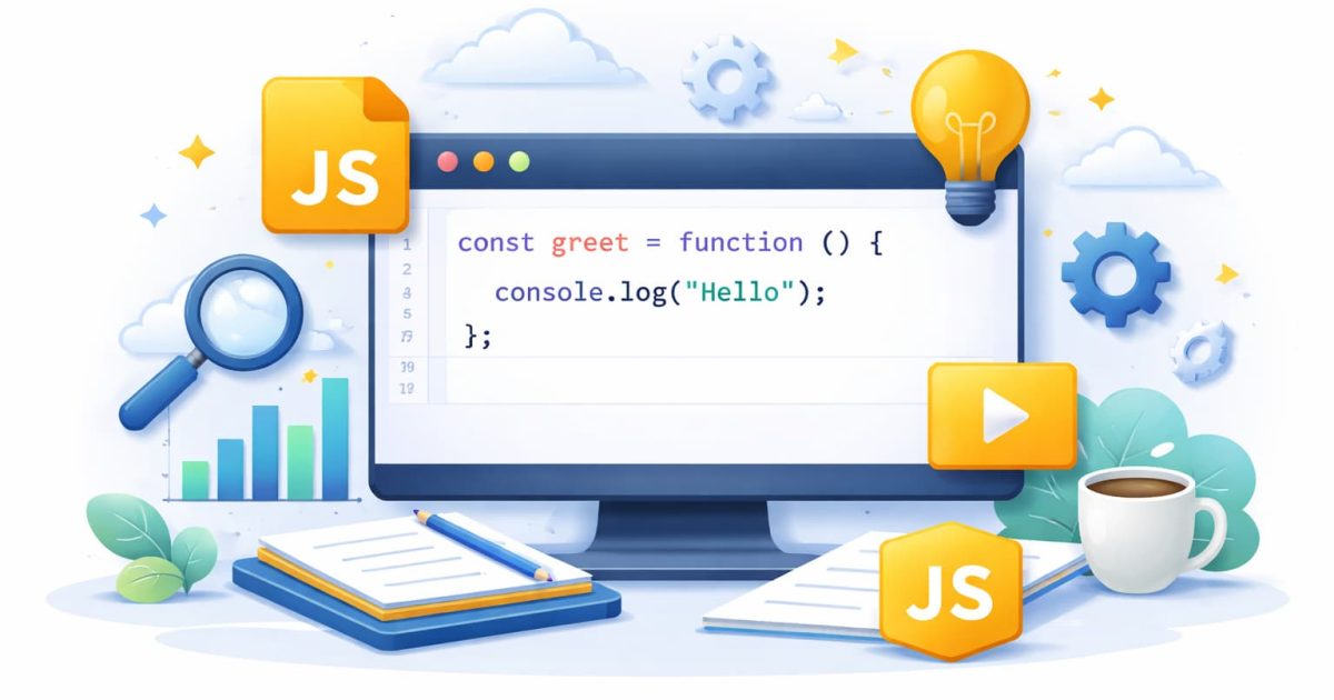 JavaScriptの無名関数をイメージしたシンプルなコード画面と開発ツールのイラスト